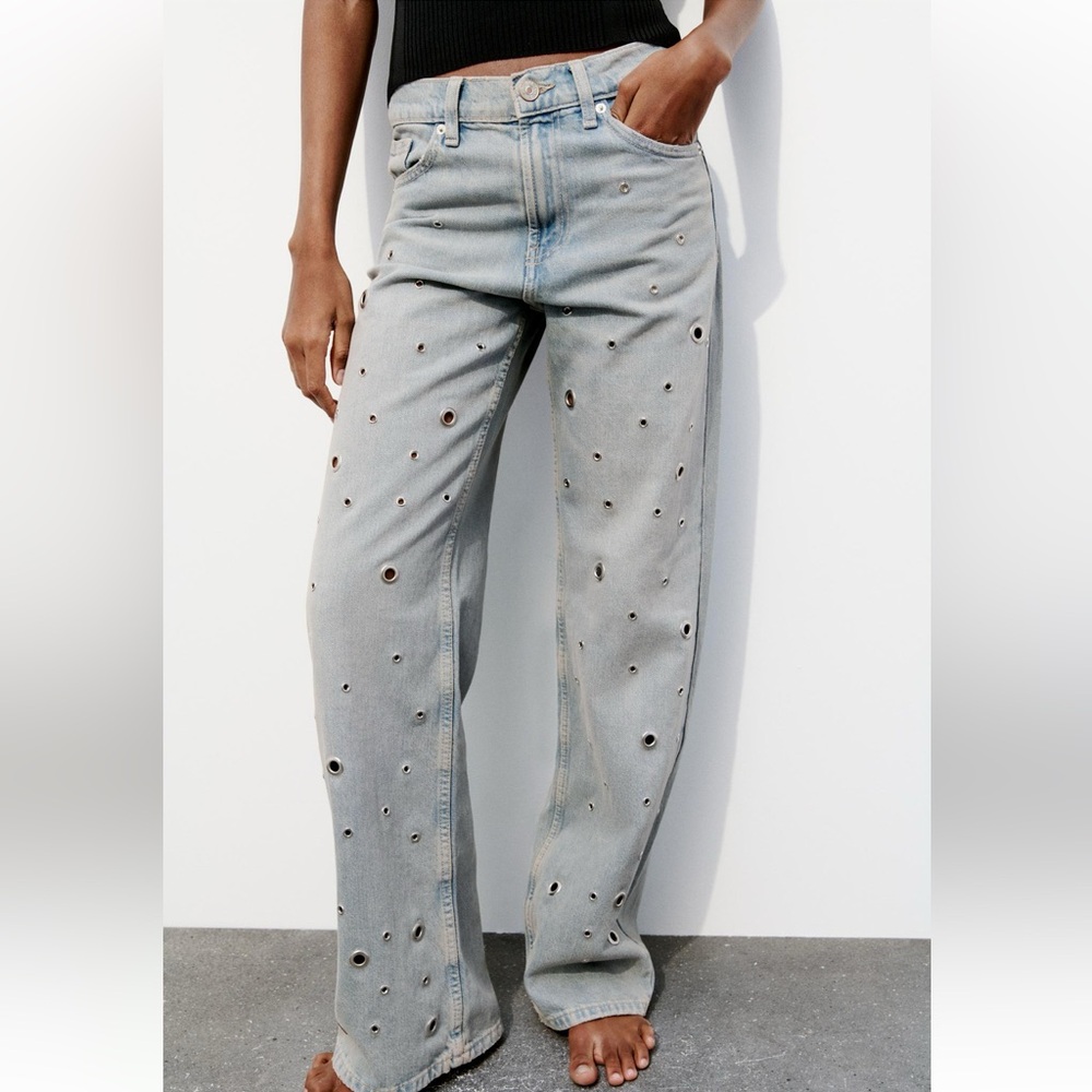 Zara Light Wash High Rise Wide Leg Jeans with Eyelet Detail